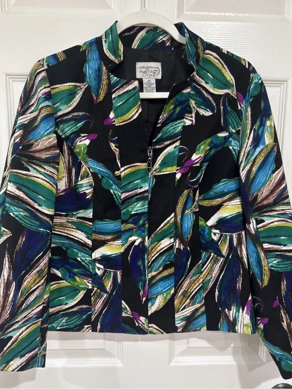 Molly & Maxx Petite Small Zip Up Jacket Black Multi Vibrant Art to Wear Lined